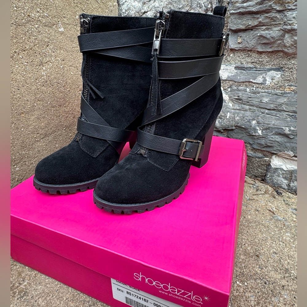 Shoe Dazzle Black Heeled Boots with Straps - PARRAH Booties
